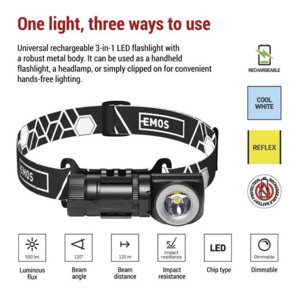Фото - Ліхтар налобний EMOS LED P3544 500Lm Li-Ion 800 mAh налоб.пласт.